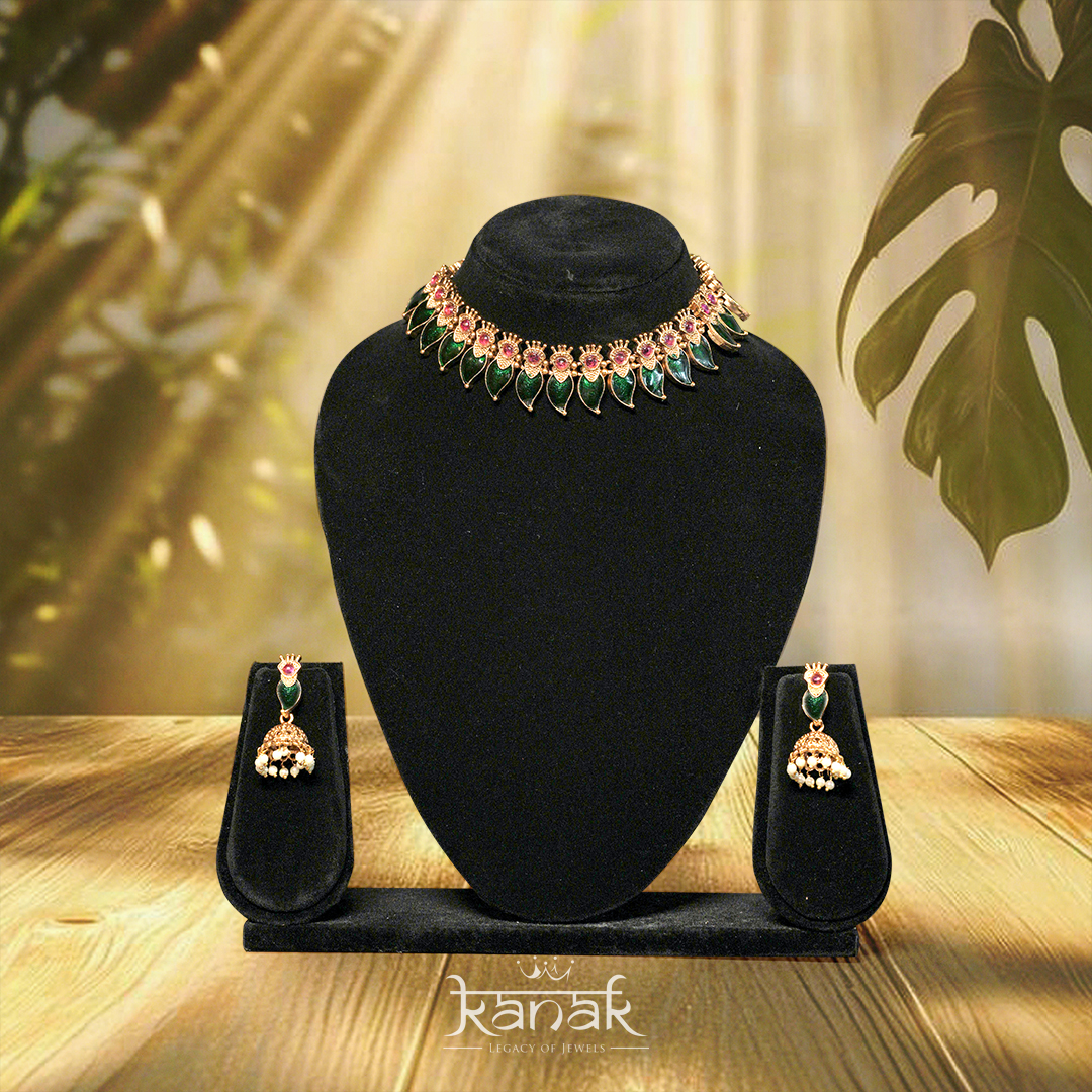 Green Meenakari Choker Set with Pearl Jhumkas green meenakari choker set with pearl jhumkas